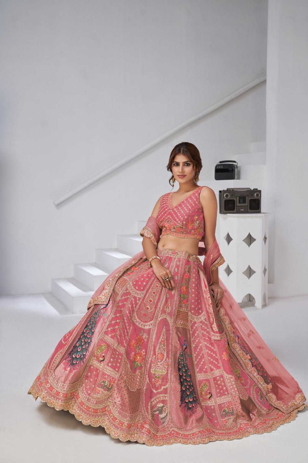 Pink Banarasi Silk Bridal Lehenga with Heavy Peacock Embroidery