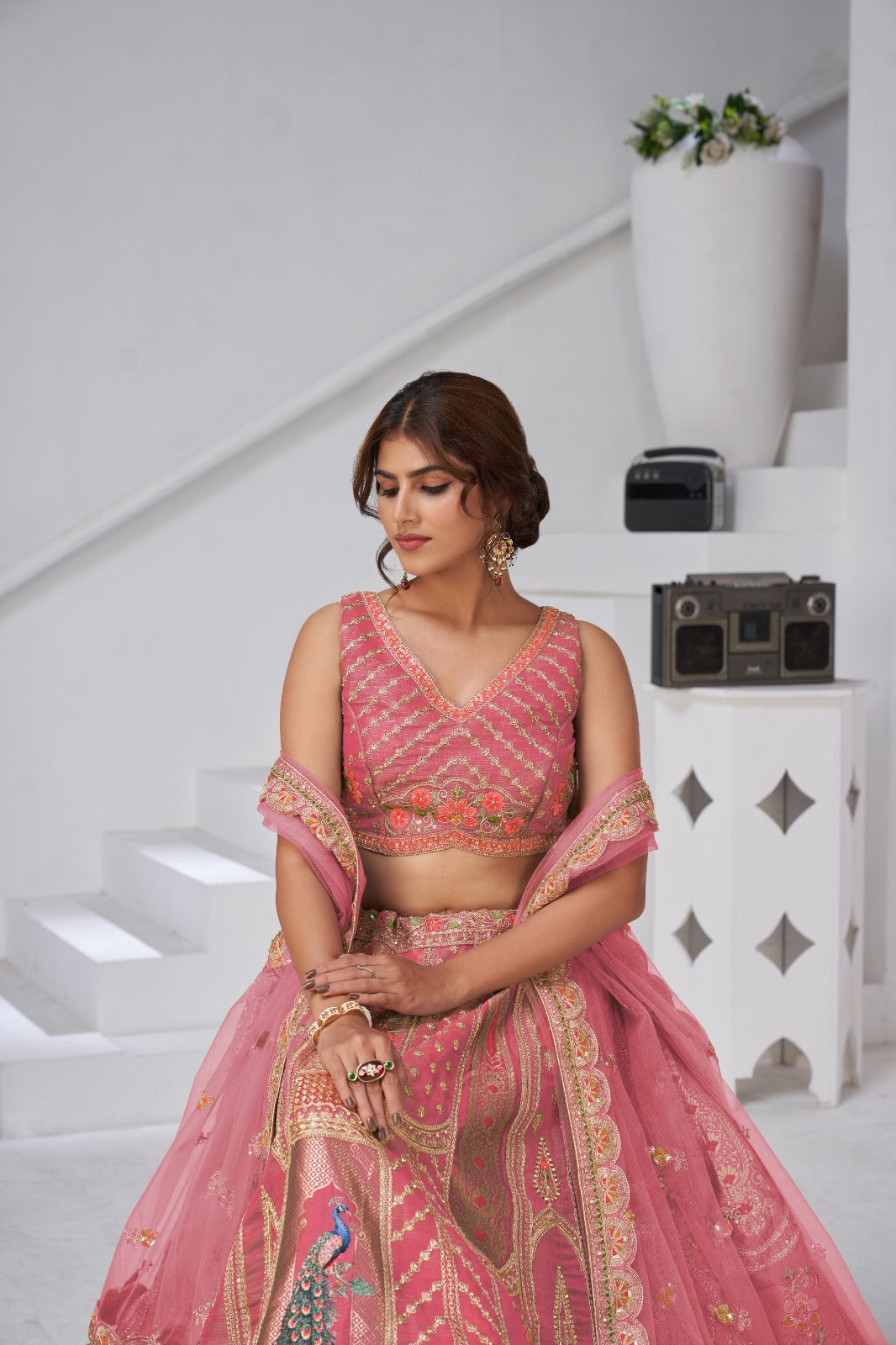 Pink Banarasi Silk Bridal Lehenga with Heavy Peacock Embroidery
