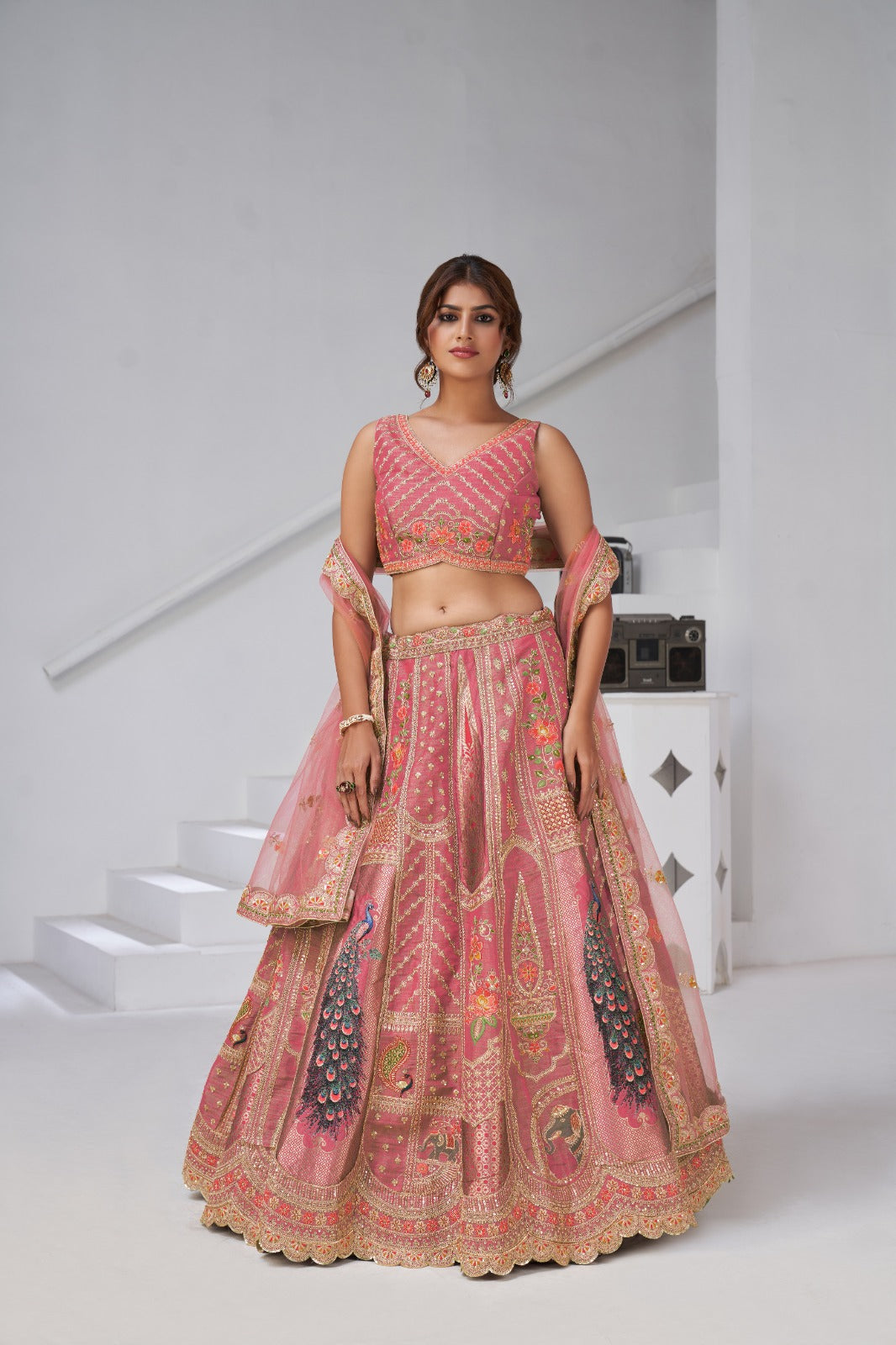 Pink Banarasi Silk Bridal Lehenga with Heavy Peacock Embroidery