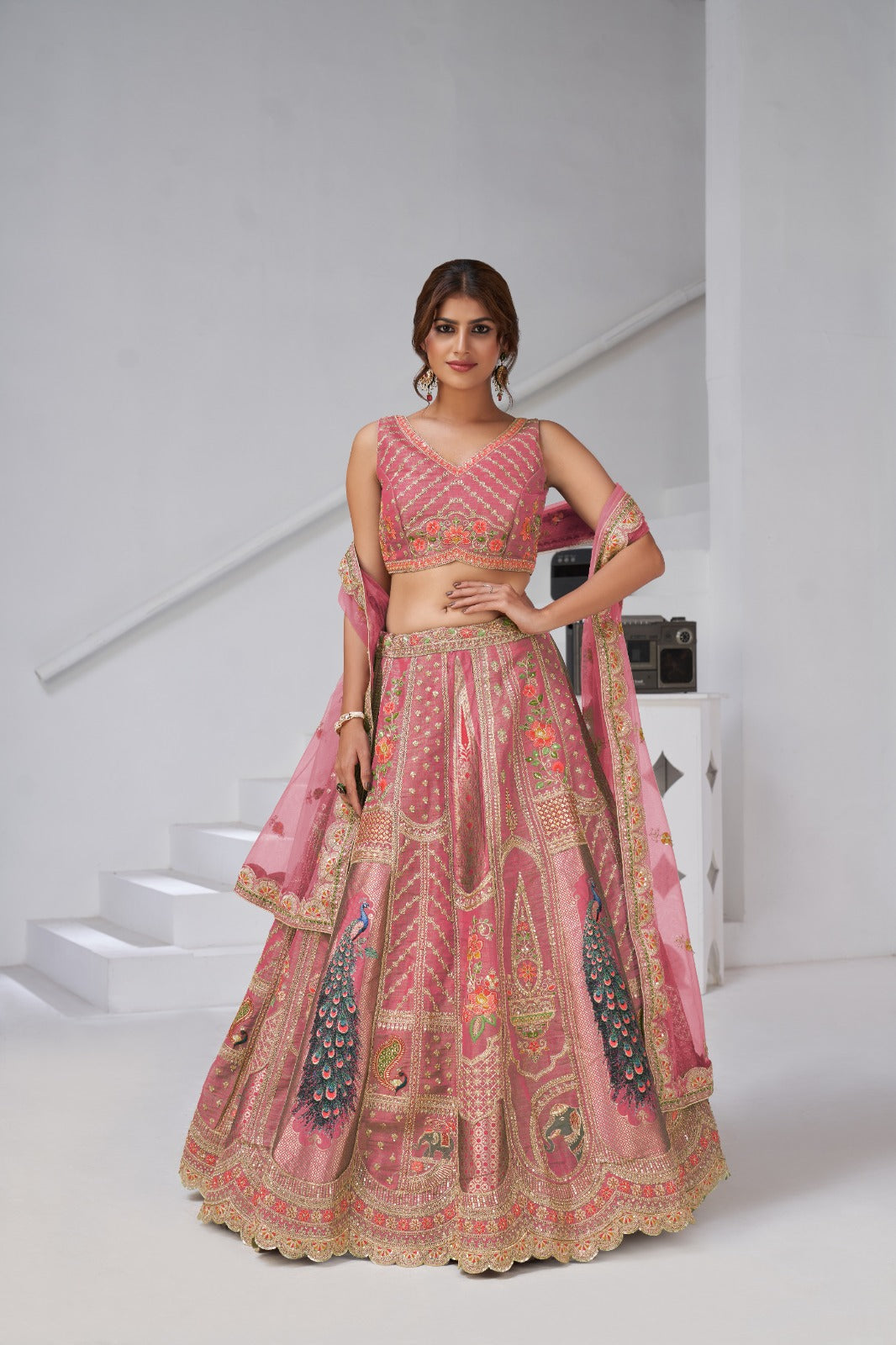 Pink Banarasi Silk Bridal Lehenga with Heavy Peacock Embroidery