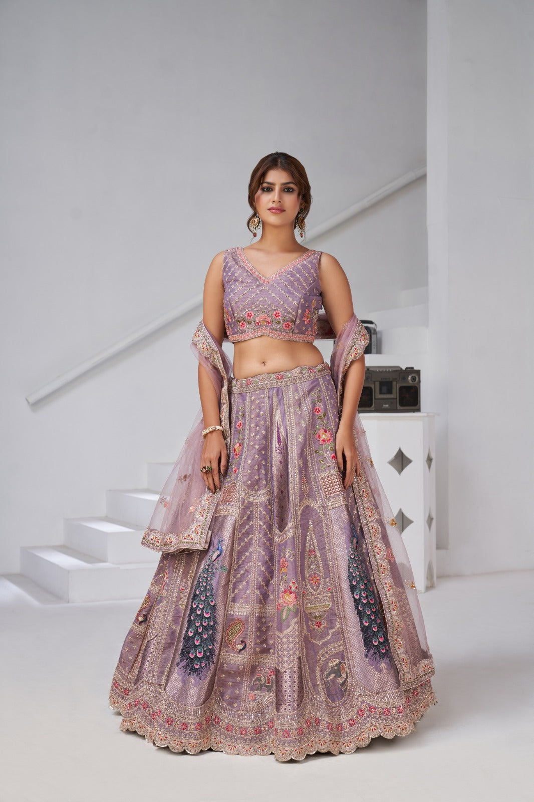 Lavender Banarasi Silk Peacock Design Lehenga