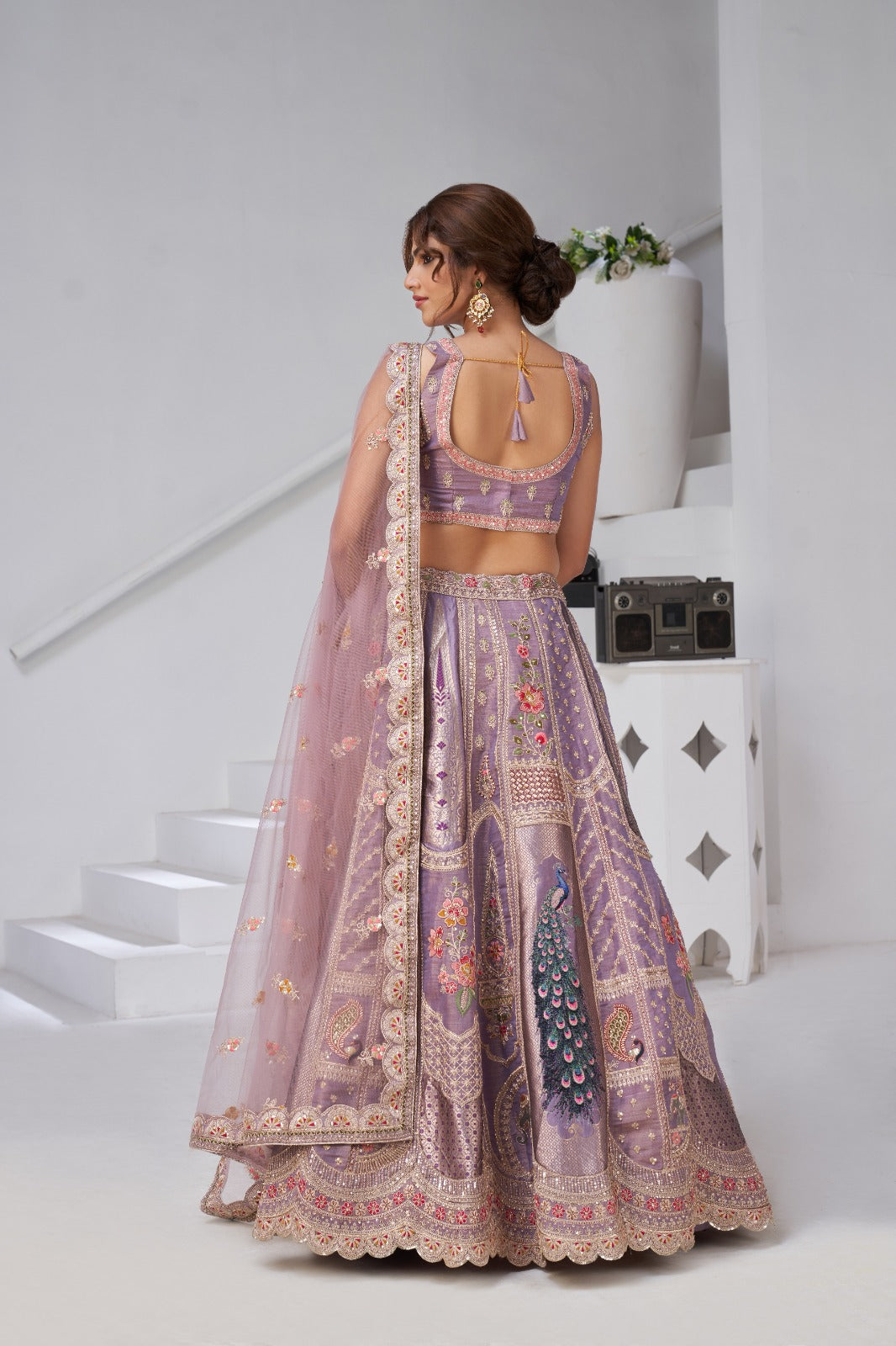 Lavender Banarasi Silk Peacock Design Lehenga