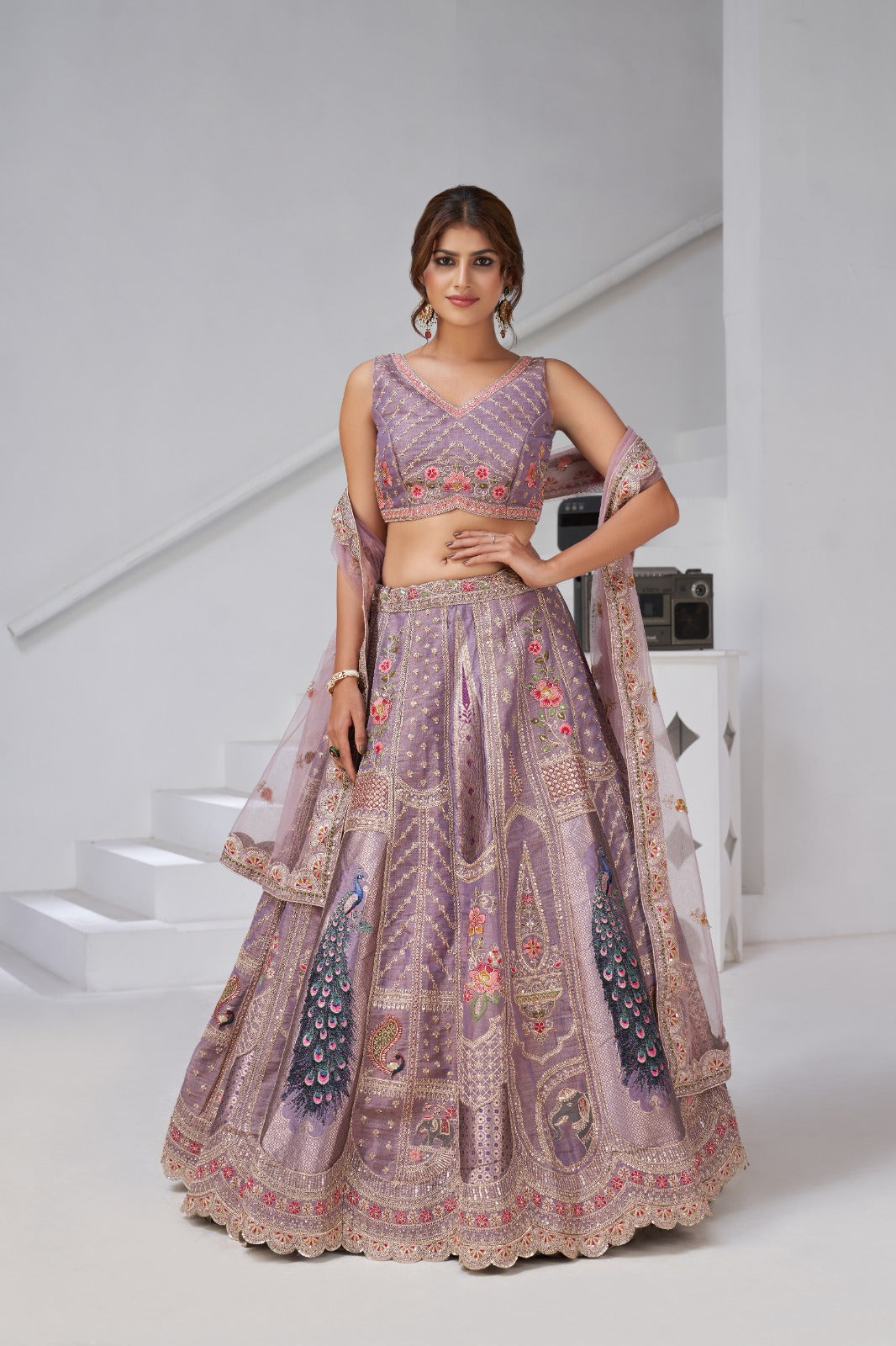 Lavender Banarasi Silk Peacock Design Lehenga