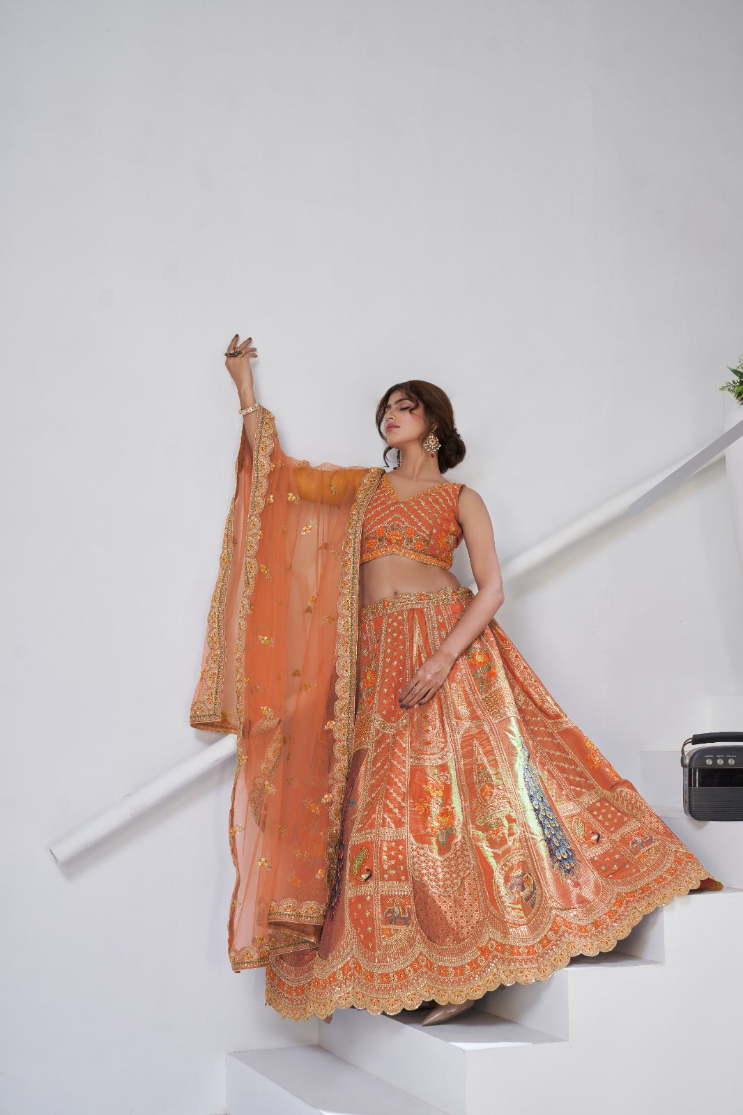Orange Banarasi Silk Peacock Embroidered Lehenga