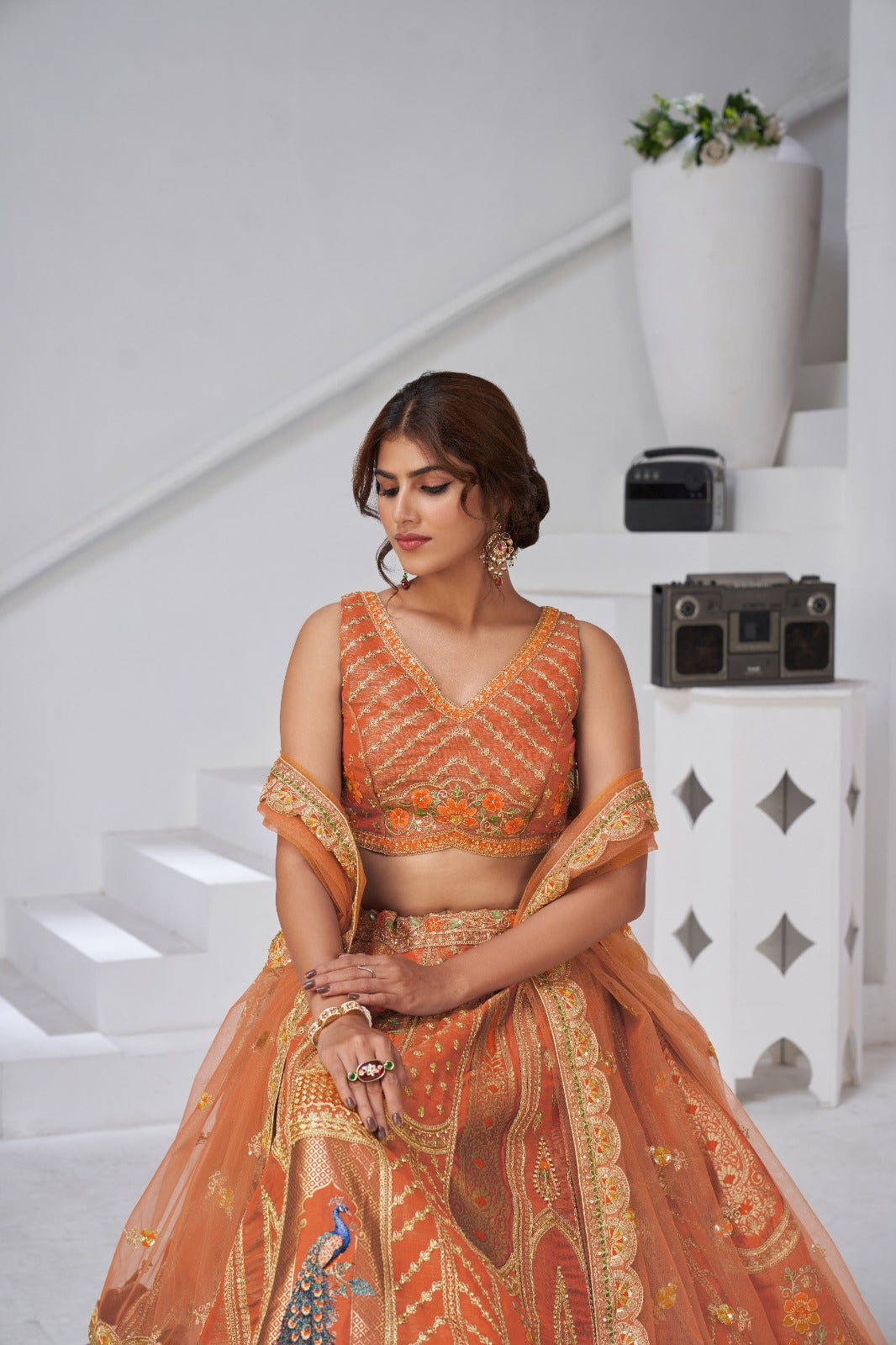 Orange Banarasi Silk Peacock Embroidered Lehenga