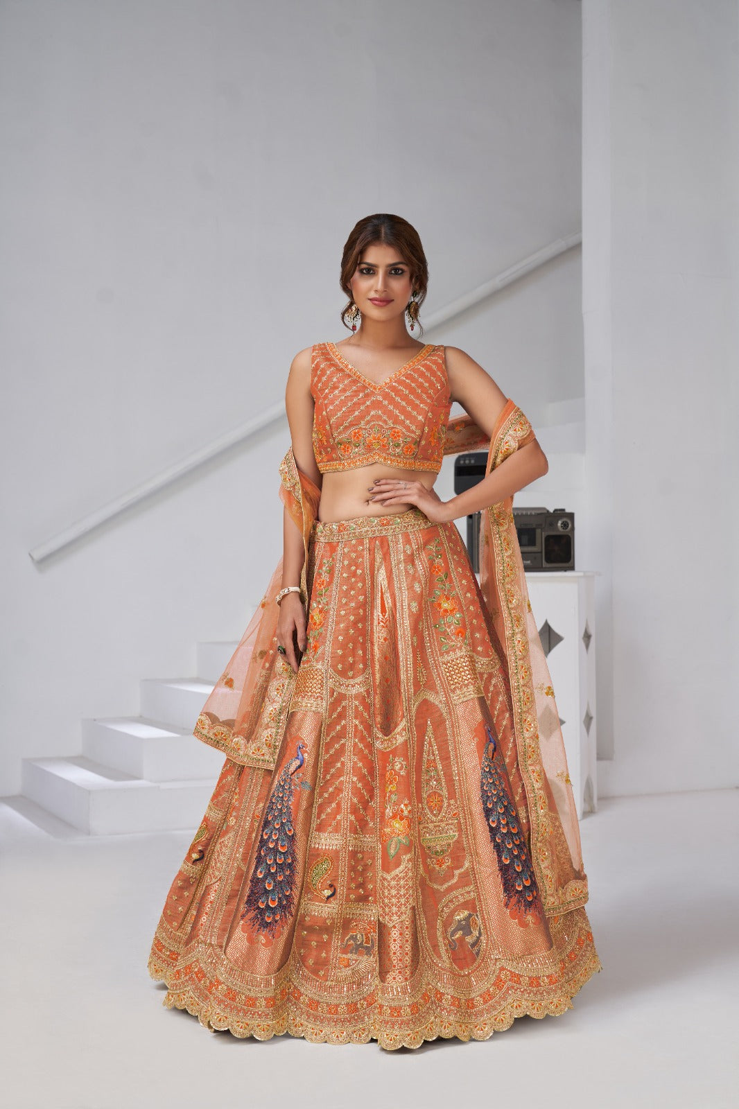 Orange Banarasi Silk Peacock Embroidered Lehenga