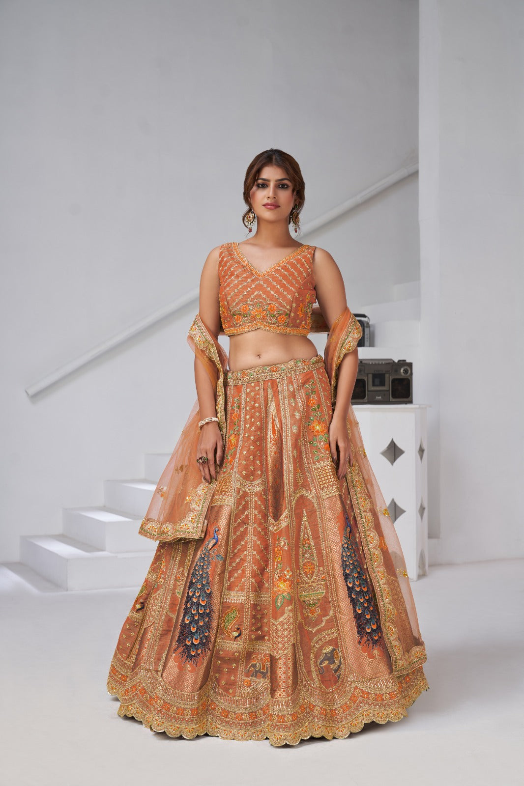 Orange Banarasi Silk Peacock Embroidered Lehenga