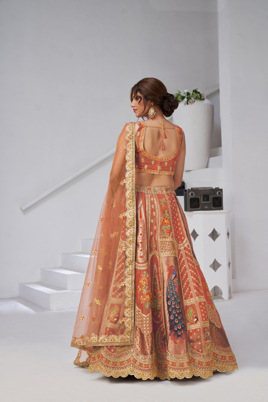 Orange Banarasi Silk Peacock Embroidered Lehenga