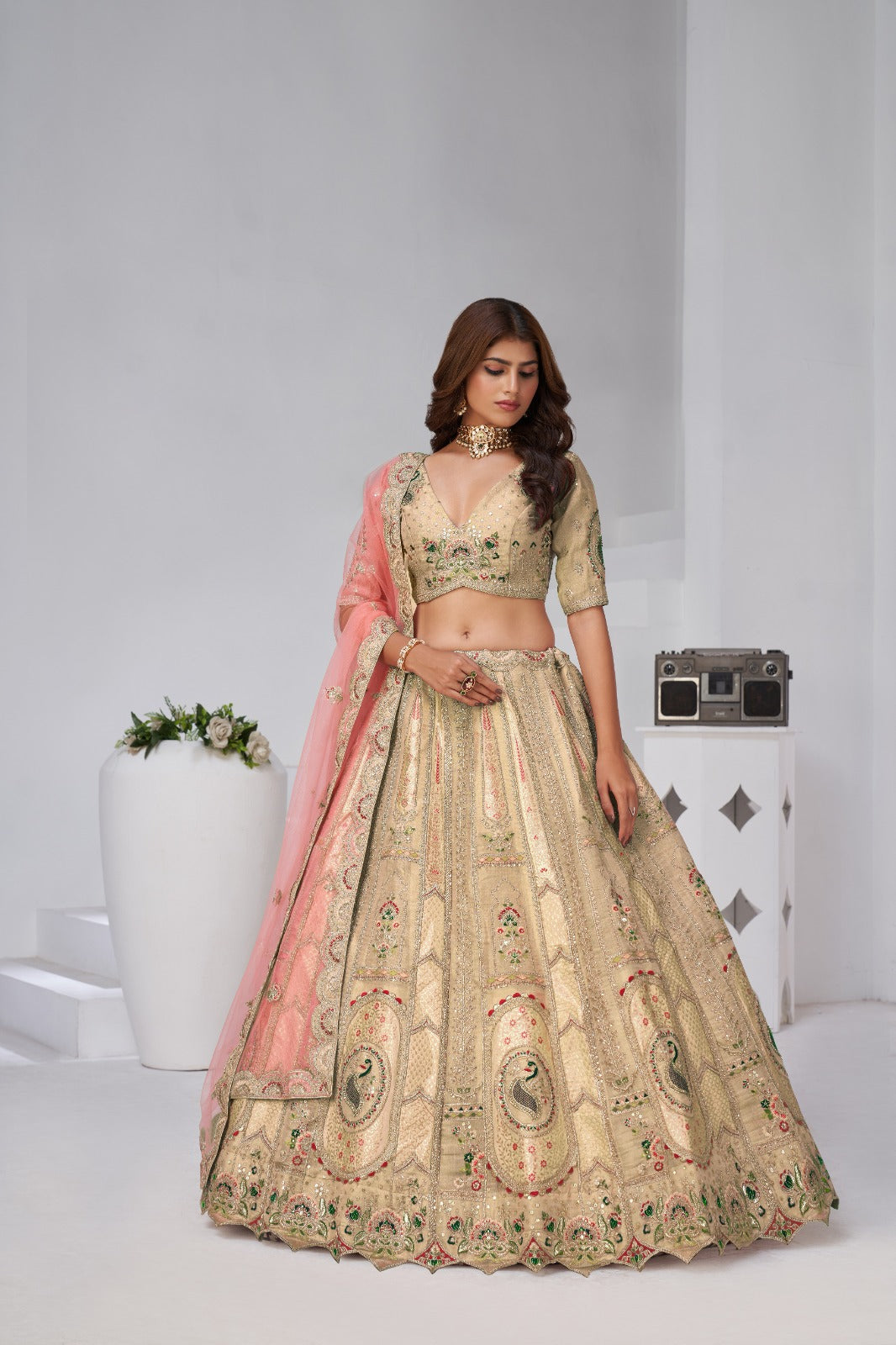 Cream Gold Banarasi Silk Bridal Lehenga Banarasi Silk Lehenga Anant Tex Exports Pvt.Ltd..
