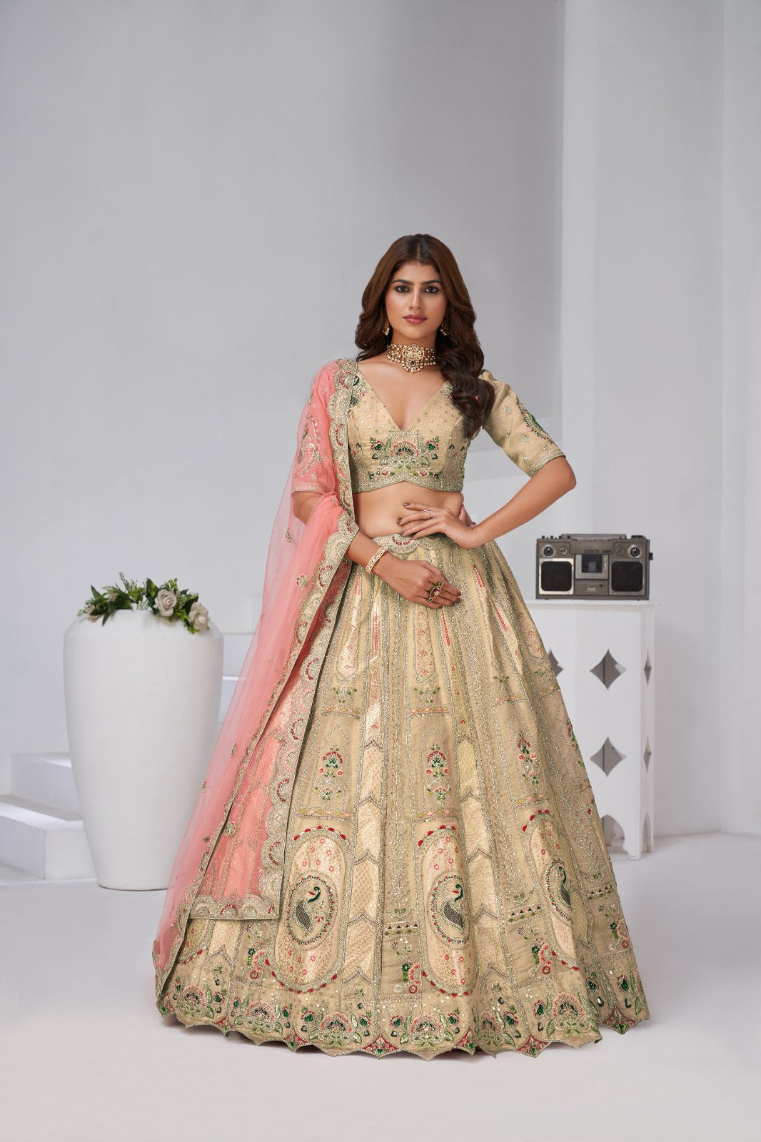 Cream Gold Banarasi Silk Bridal Lehenga