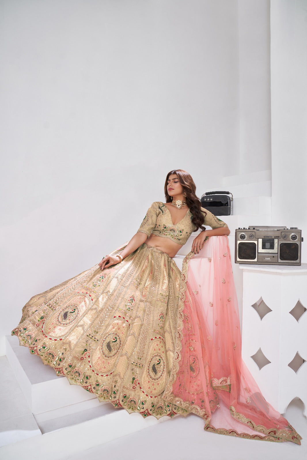 Cream Gold Banarasi Silk Bridal Lehenga
