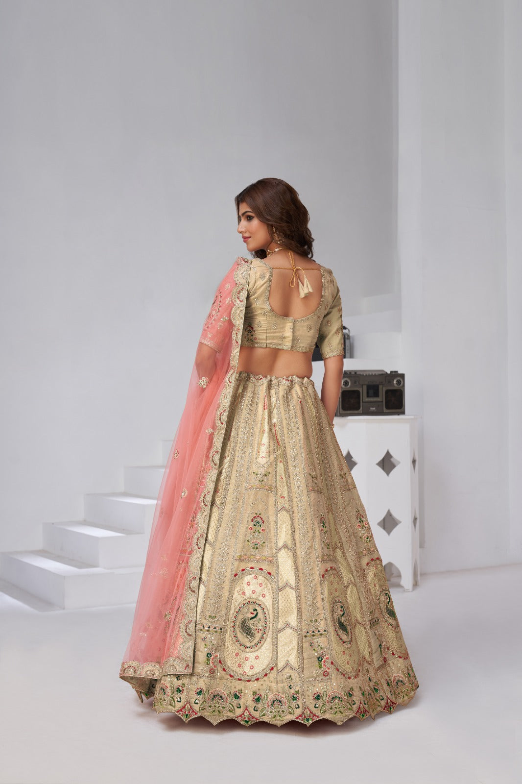 Cream Gold Banarasi Silk Bridal Lehenga