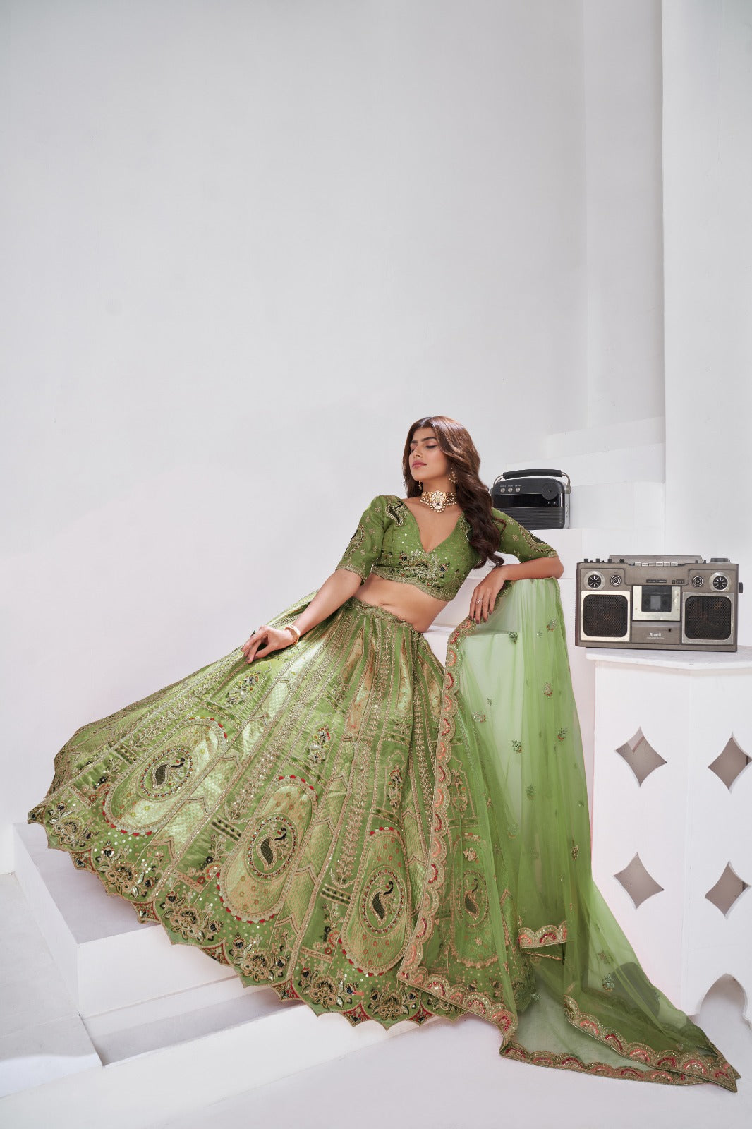 Olive Green Banarasi Silk Bridal Lehenga with Royal Heritage Work