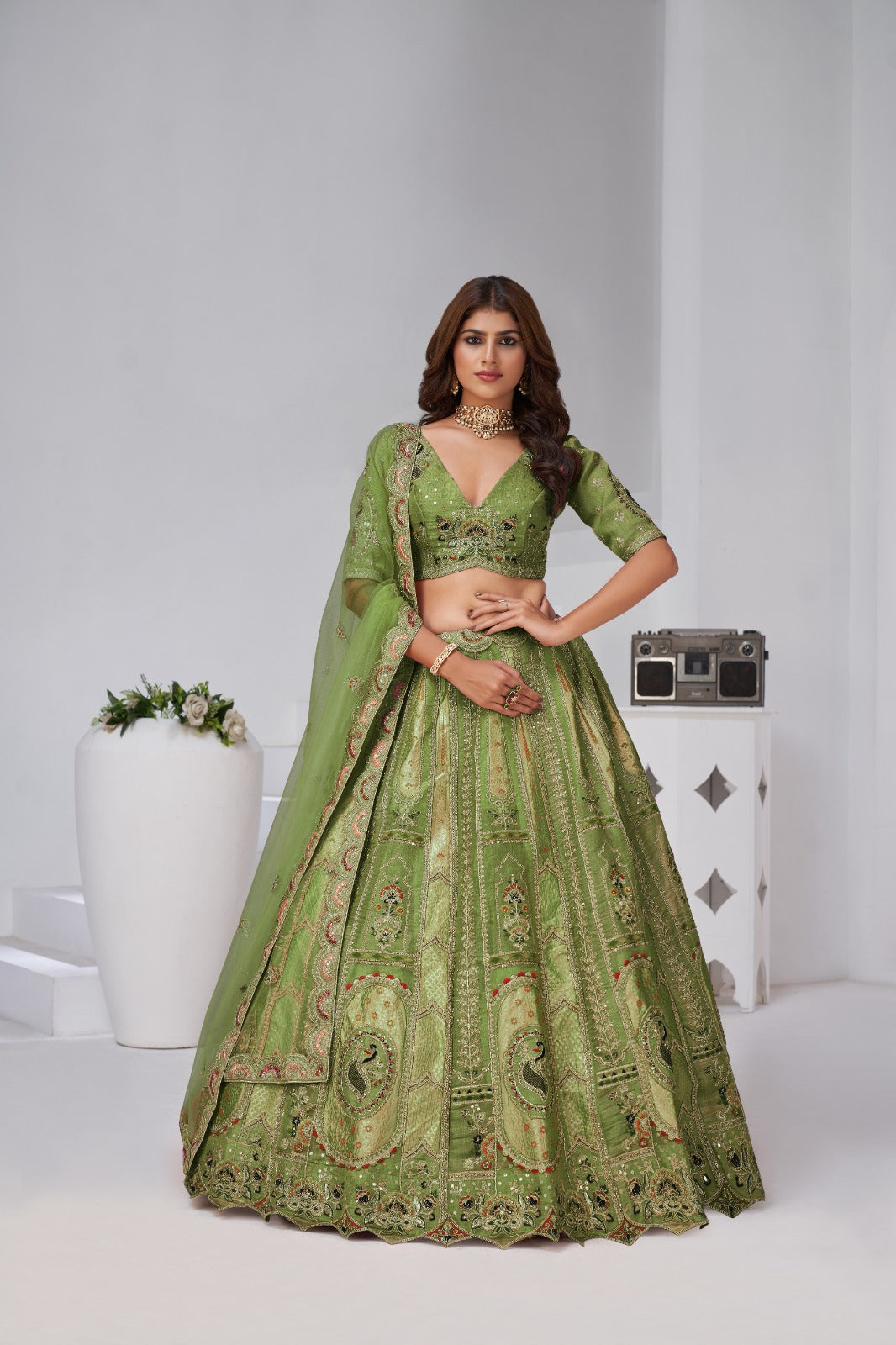Olive Green Banarasi Silk Bridal Lehenga with Royal Heritage Work