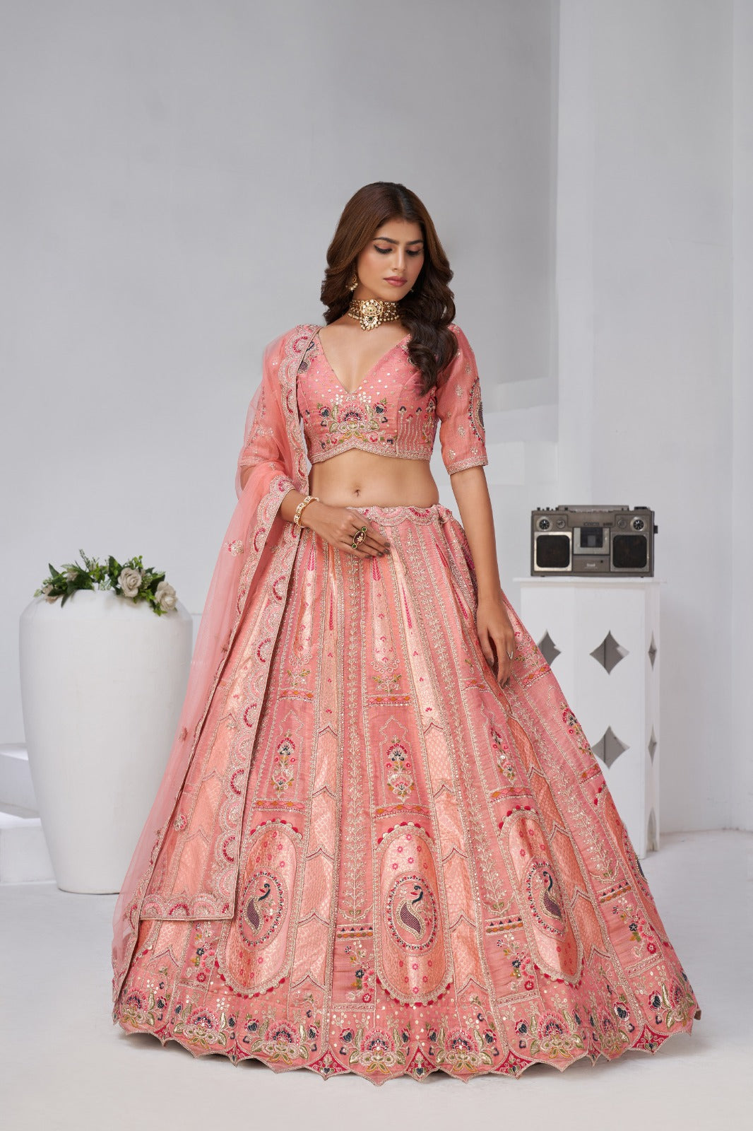Pastel Pink Banarasi Silk Bridal Lehenga