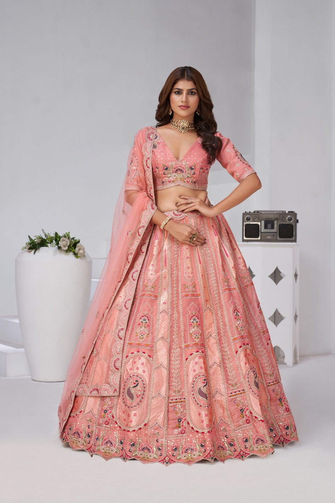 Pastel Pink Banarasi Silk Bridal Lehenga