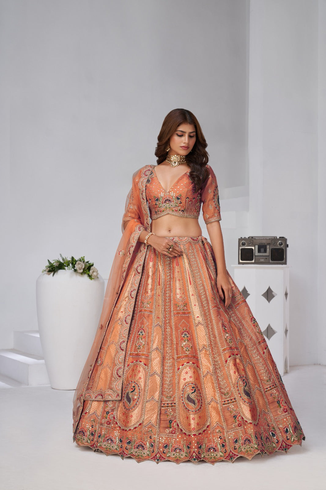 Orange Banarasi Silk Bridal Lehenga with Embroidered Mughal Motifs