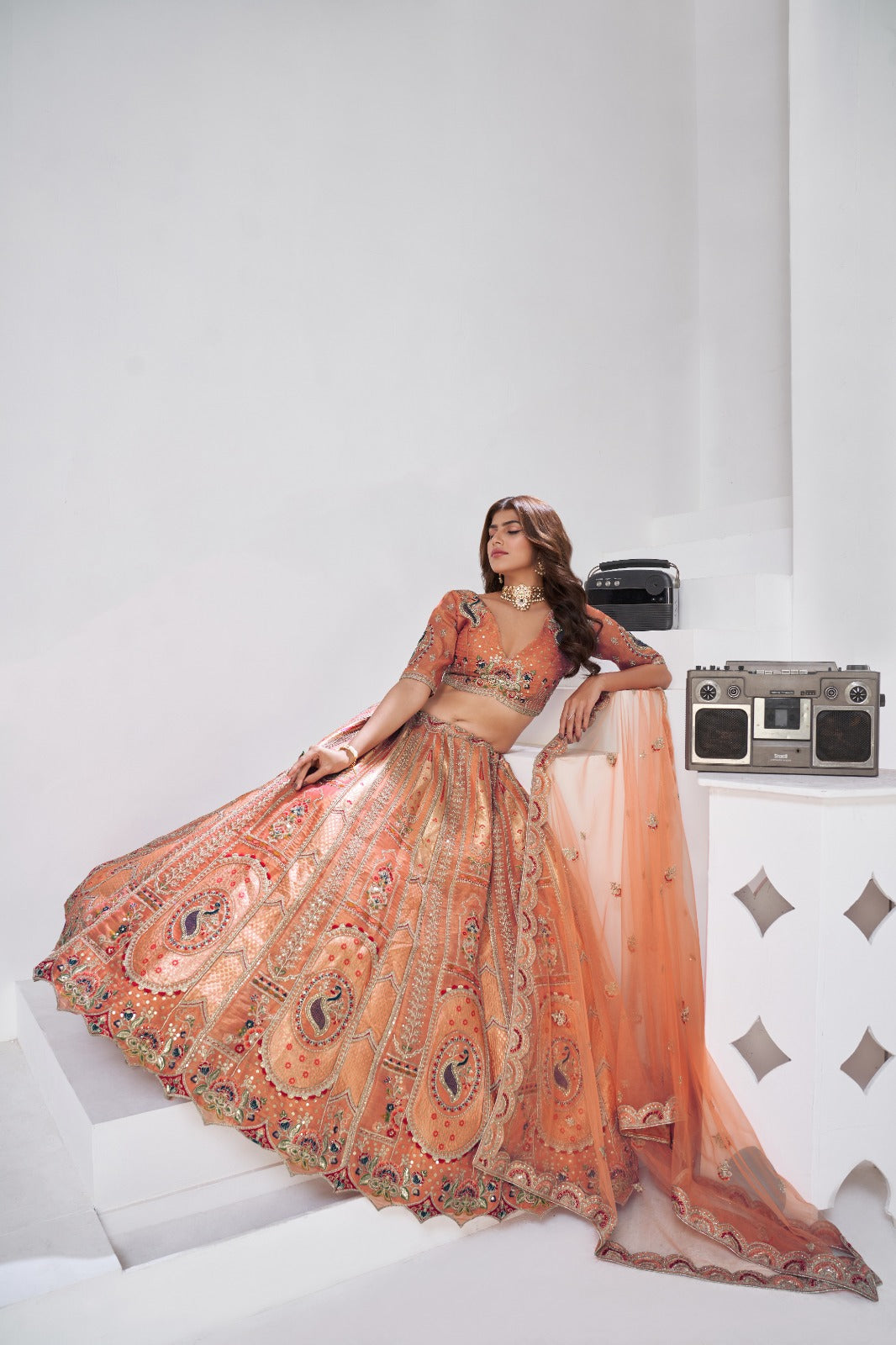 Orange Banarasi Silk Bridal Lehenga with Embroidered Mughal Motifs