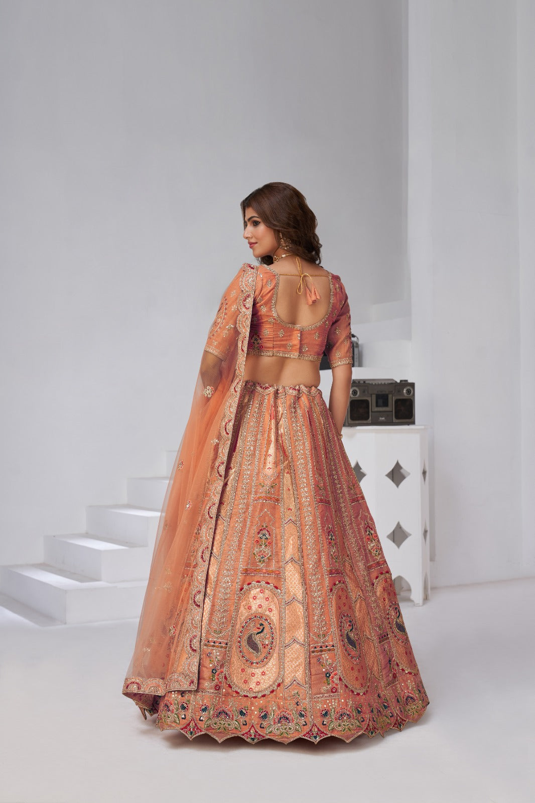Orange Banarasi Silk Bridal Lehenga with Embroidered Mughal Motifs