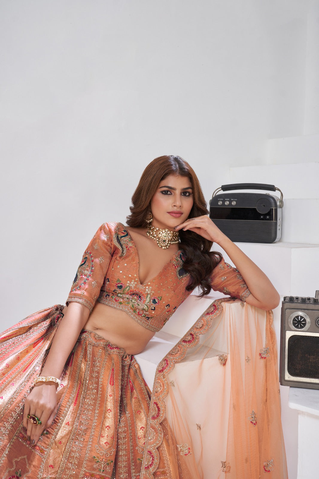 Orange Banarasi Silk Bridal Lehenga with Embroidered Mughal Motifs Banarasi Silk Lehenga Anant Tex Exports Pvt.Ltd..