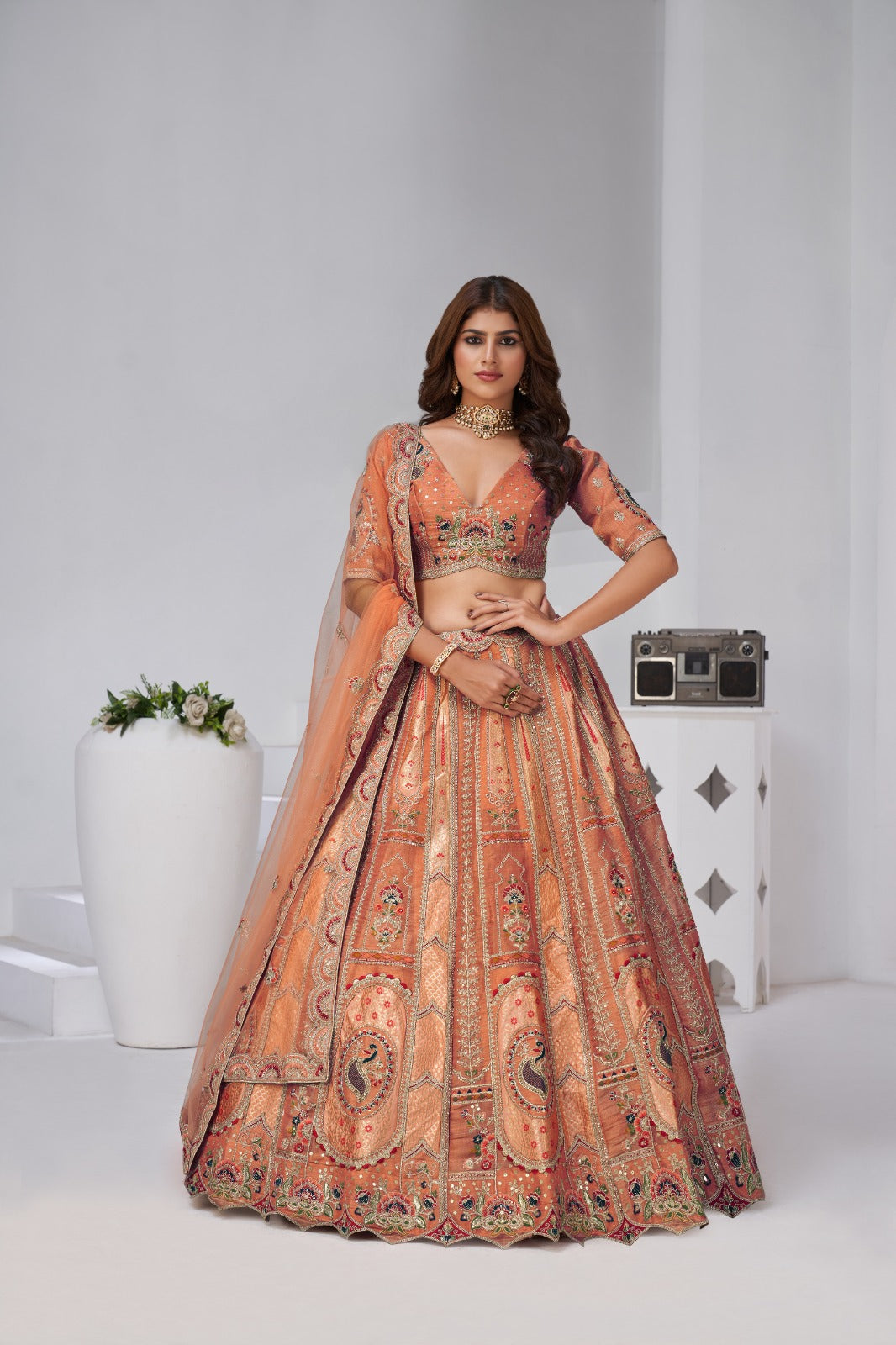 Orange Banarasi Silk Bridal Lehenga with Embroidered Mughal Motifs