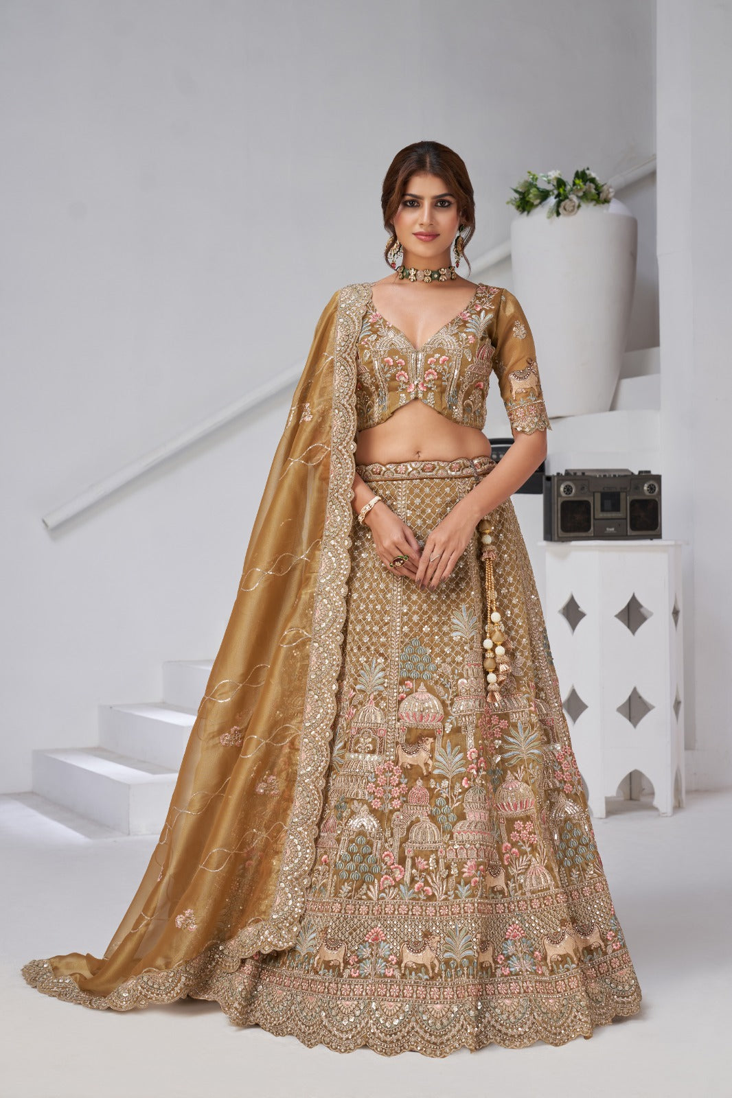 Gold Organza Tissue Bridal Lehenga with Embroidery & Temple Motifs