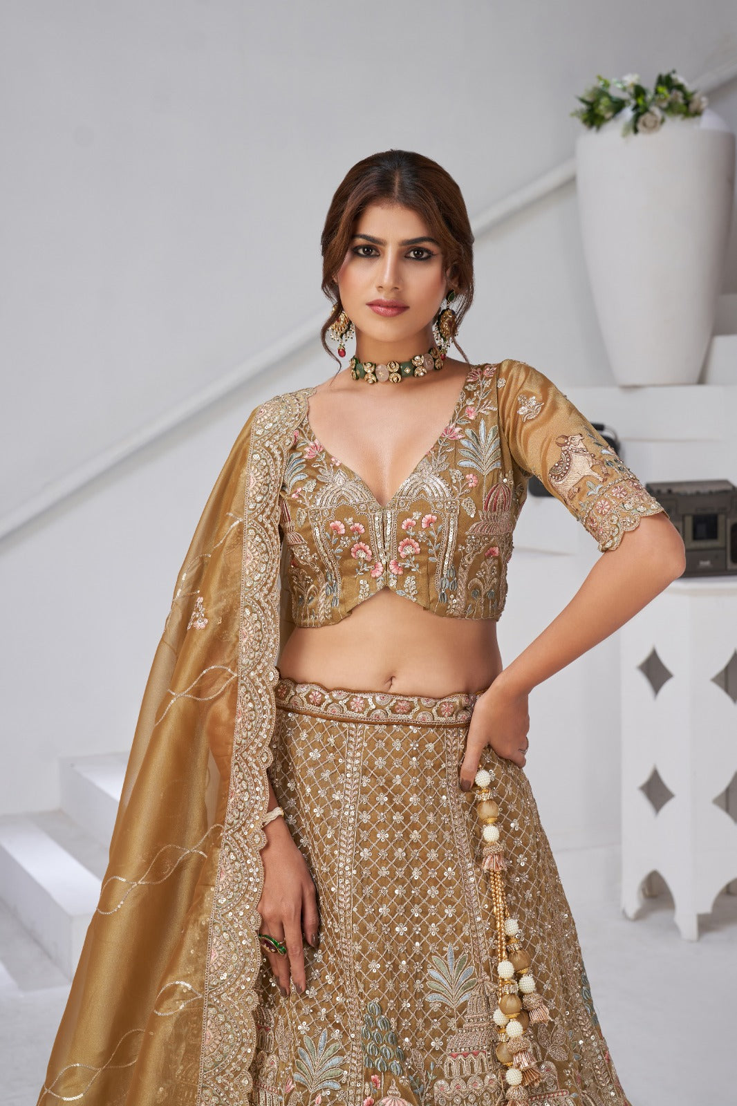 Gold Organza Tissue Bridal Lehenga with Embroidery & Temple Motifs