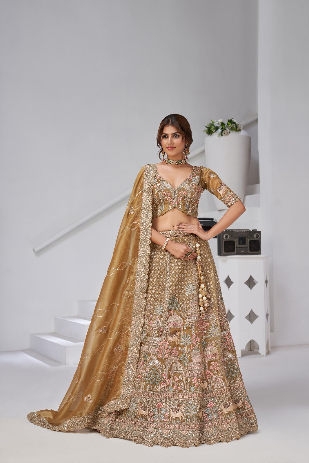 Gold Organza Tissue Bridal Lehenga with Embroidery & Temple Motifs