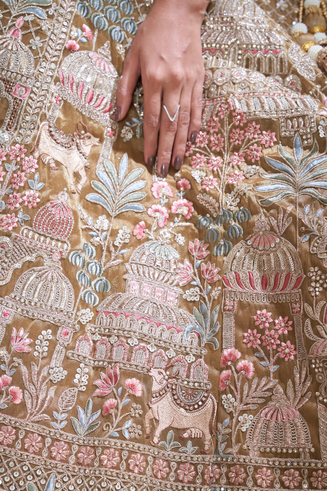 Gold Organza Tissue Bridal Lehenga with Embroidery & Temple Motifs