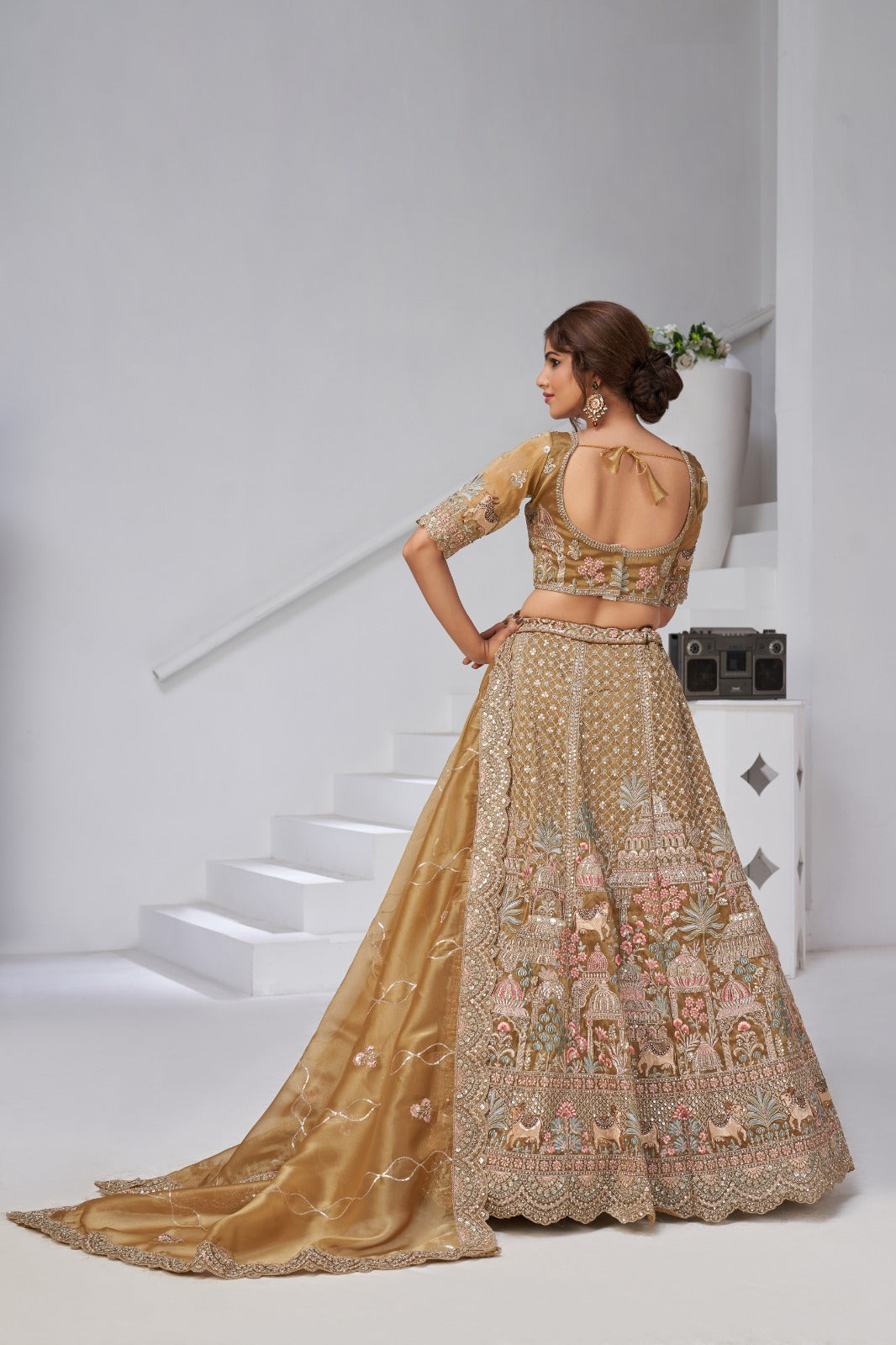 Gold Organza Tissue Bridal Lehenga with Embroidery & Temple Motifs