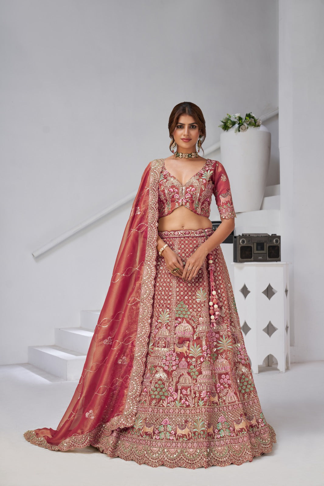 Pastel Pink Organza Tissue Bridal Lehenga with Auspicious Cow
