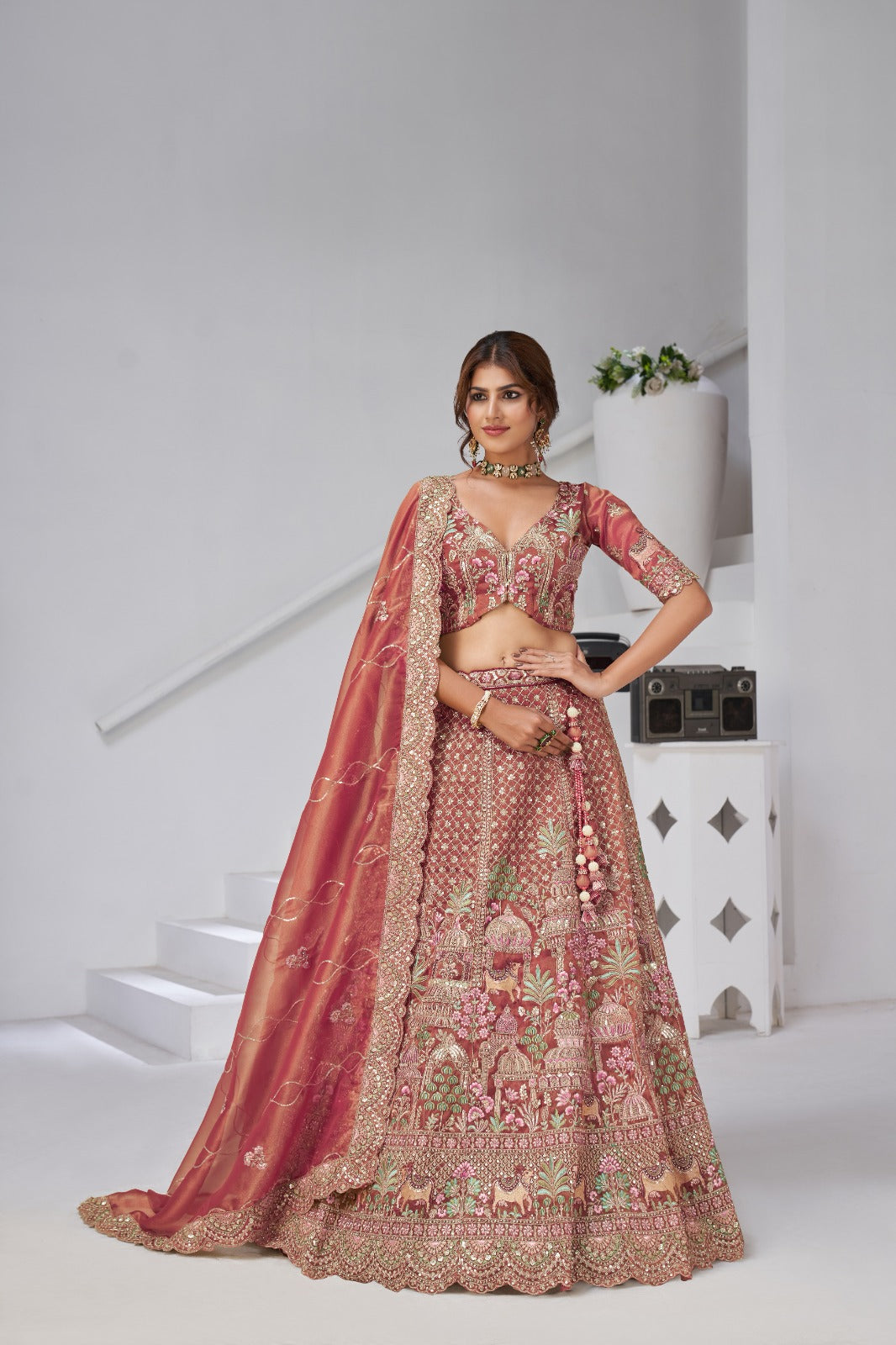 Pastel Pink Organza Tissue Bridal Lehenga with Auspicious Cow
