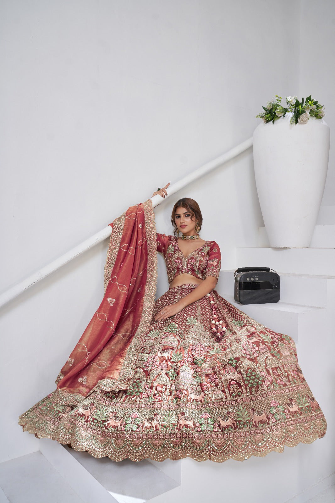 Pastel Pink Organza Tissue Bridal Lehenga with Auspicious Cow