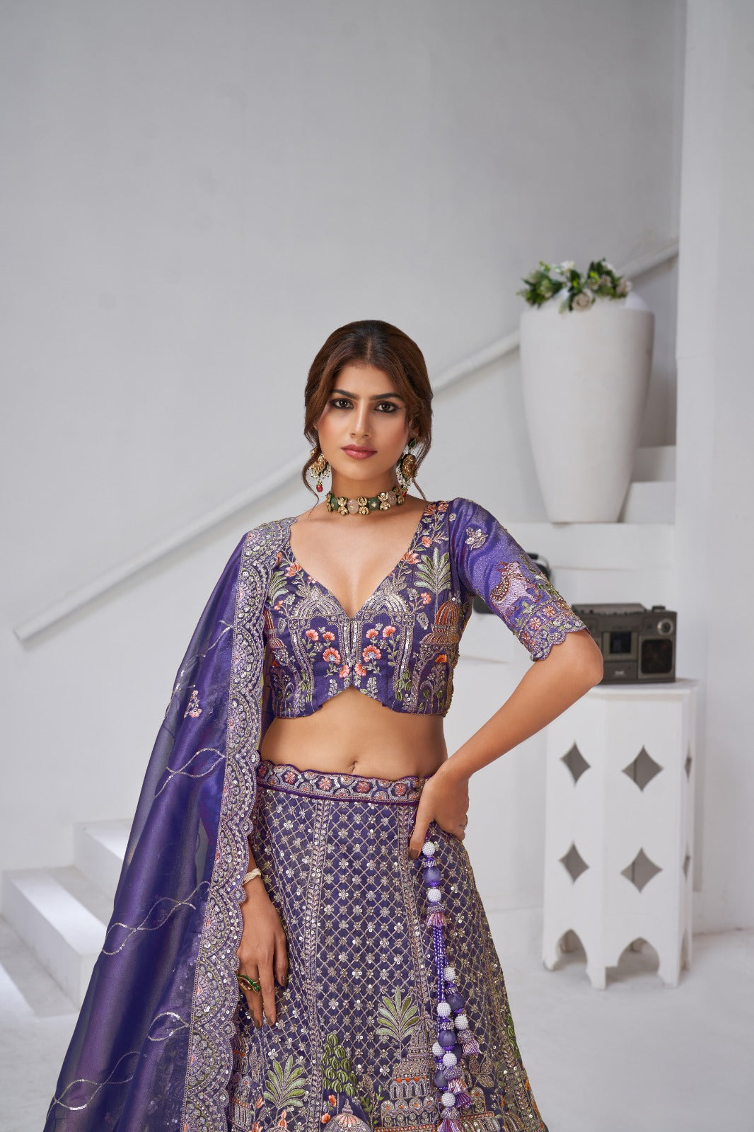 Purple Wedding Lehenga in Organza Tissue with Heritage Temple Work