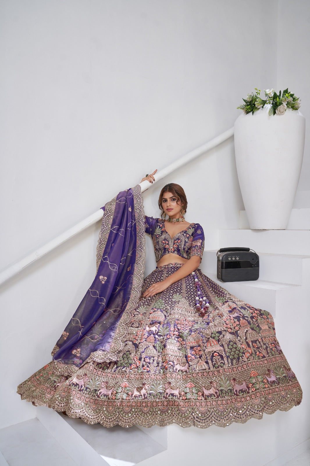 Purple Wedding Lehenga in Organza Tissue with Heritage Temple Work