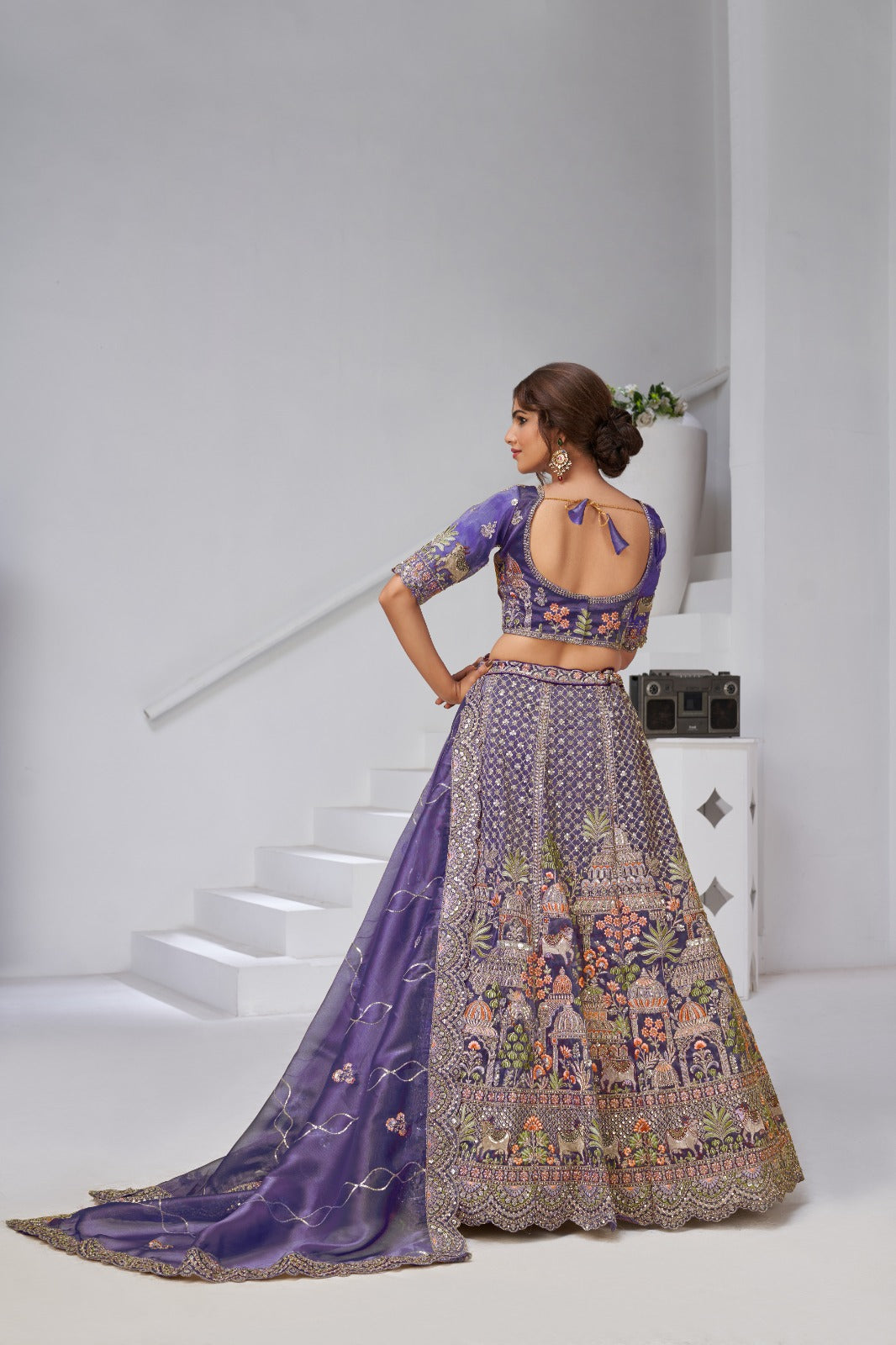 Purple Wedding Lehenga in Organza Tissue with Heritage Temple Work