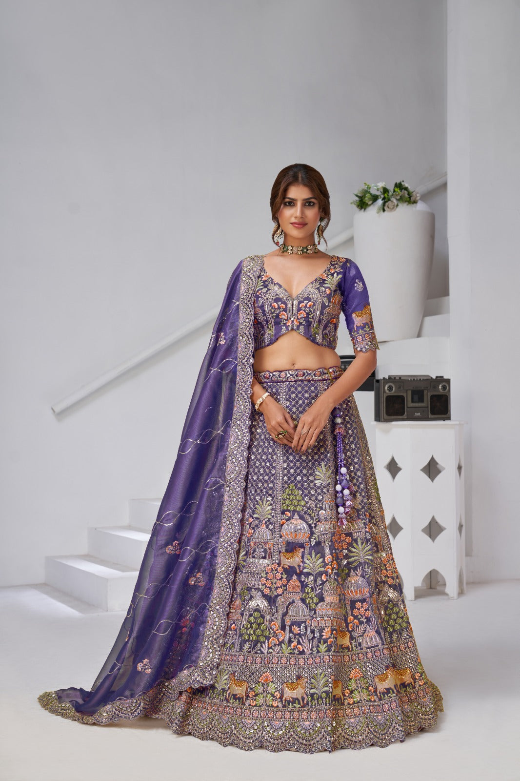 Purple Wedding Lehenga in Organza Tissue with Heritage Temple Work