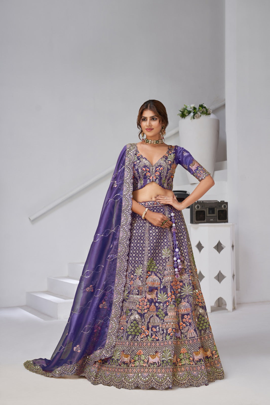 Purple Wedding Lehenga in Organza Tissue with Heritage Temple Work