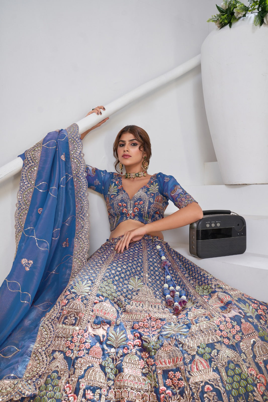 Blue Organza Tissue Bridal Lehenga with Temple & Kamdhenu Cow Motifs