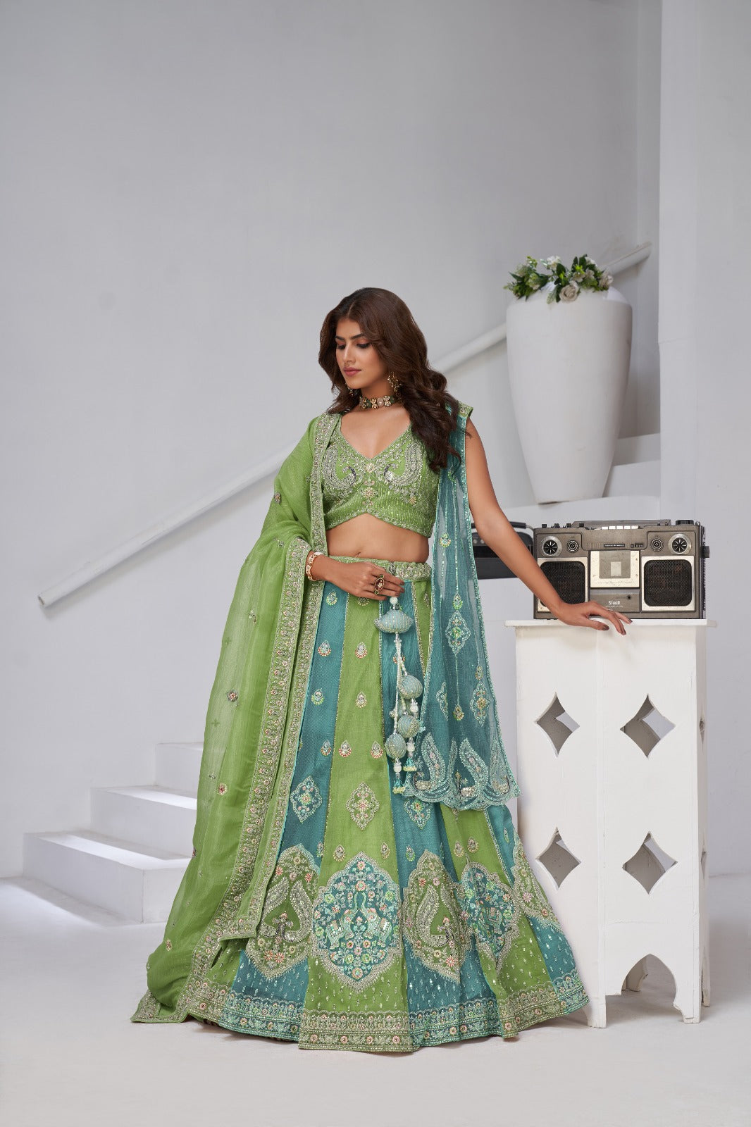 Sea Green Bridal Lehenga Double Dupatta with Heavy Zari Work