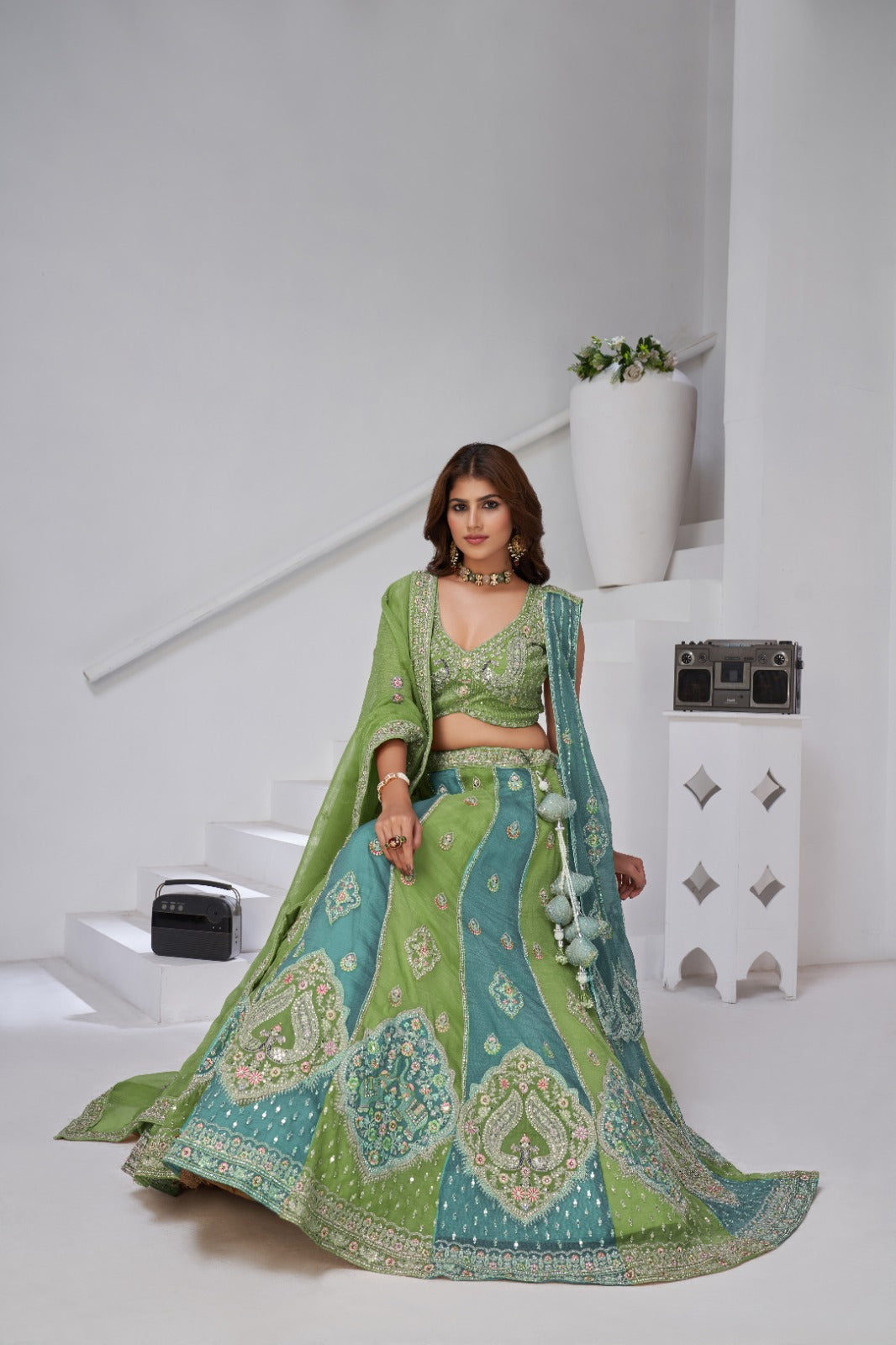 Sea Green Bridal Lehenga Double Dupatta with Heavy Zari Work