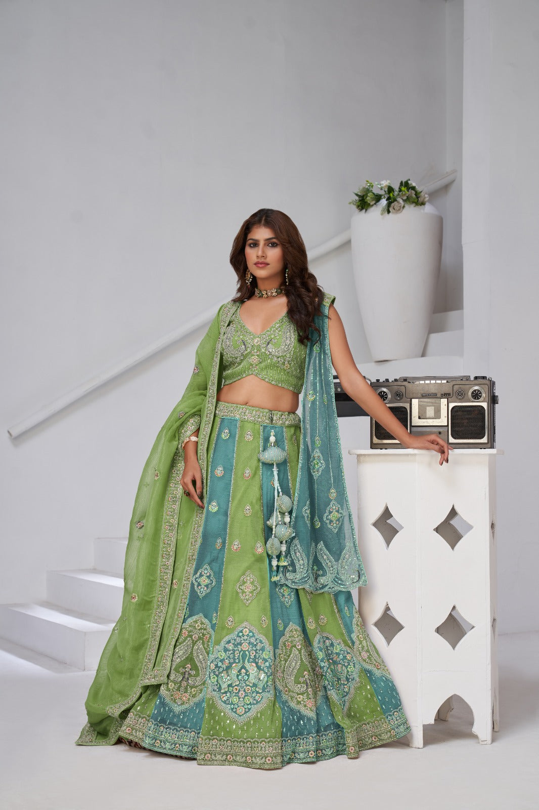Sea Green Bridal Lehenga Double Dupatta with Heavy Zari Work