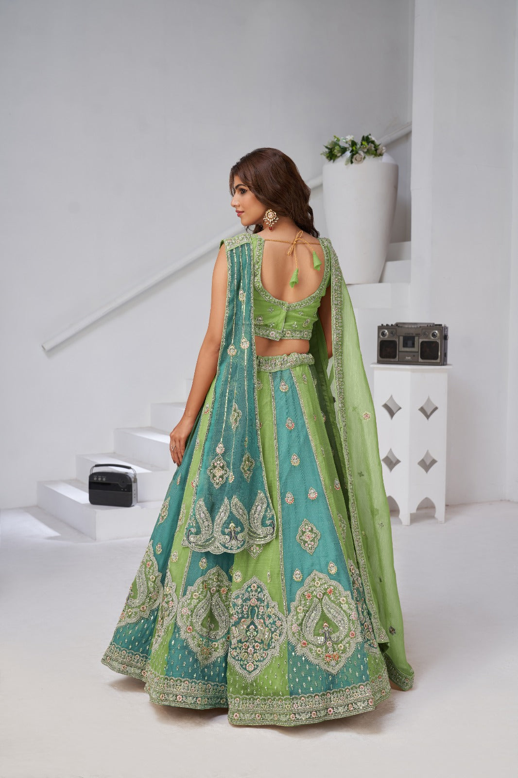Sea Green Bridal Lehenga Double Dupatta with Heavy Zari Work