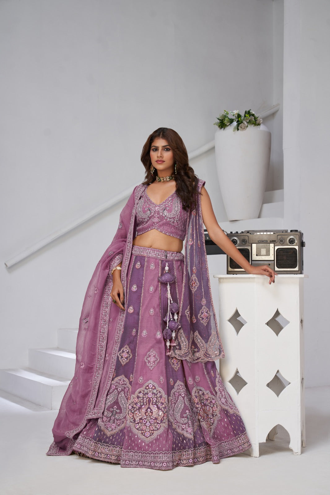 Purple Lehenga with Dual Dupatta & Zari-Resham Embroidery
