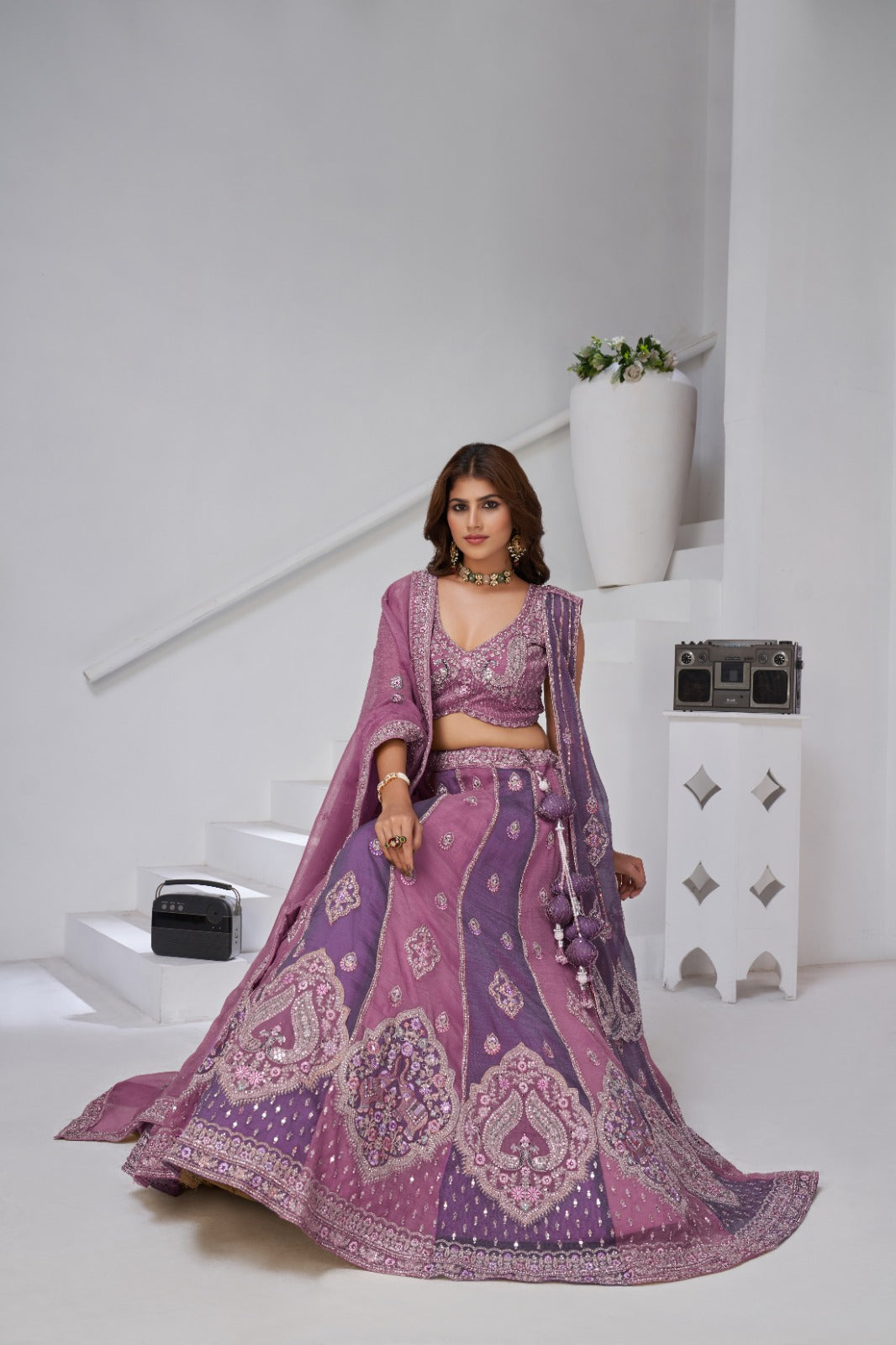 Purple Lehenga with Dual Dupatta & Zari-Resham Embroidery