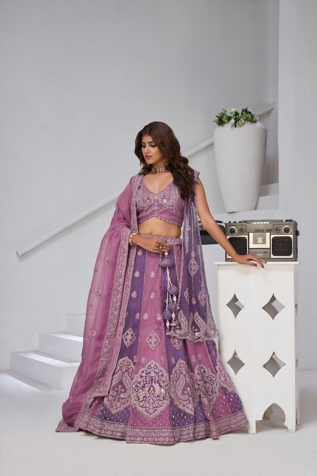 Purple Lehenga with Dual Dupatta &amp; Zari-Resham Embroidery Lehenga with double dupatta Anant Tex Exports Pvt.Ltd..