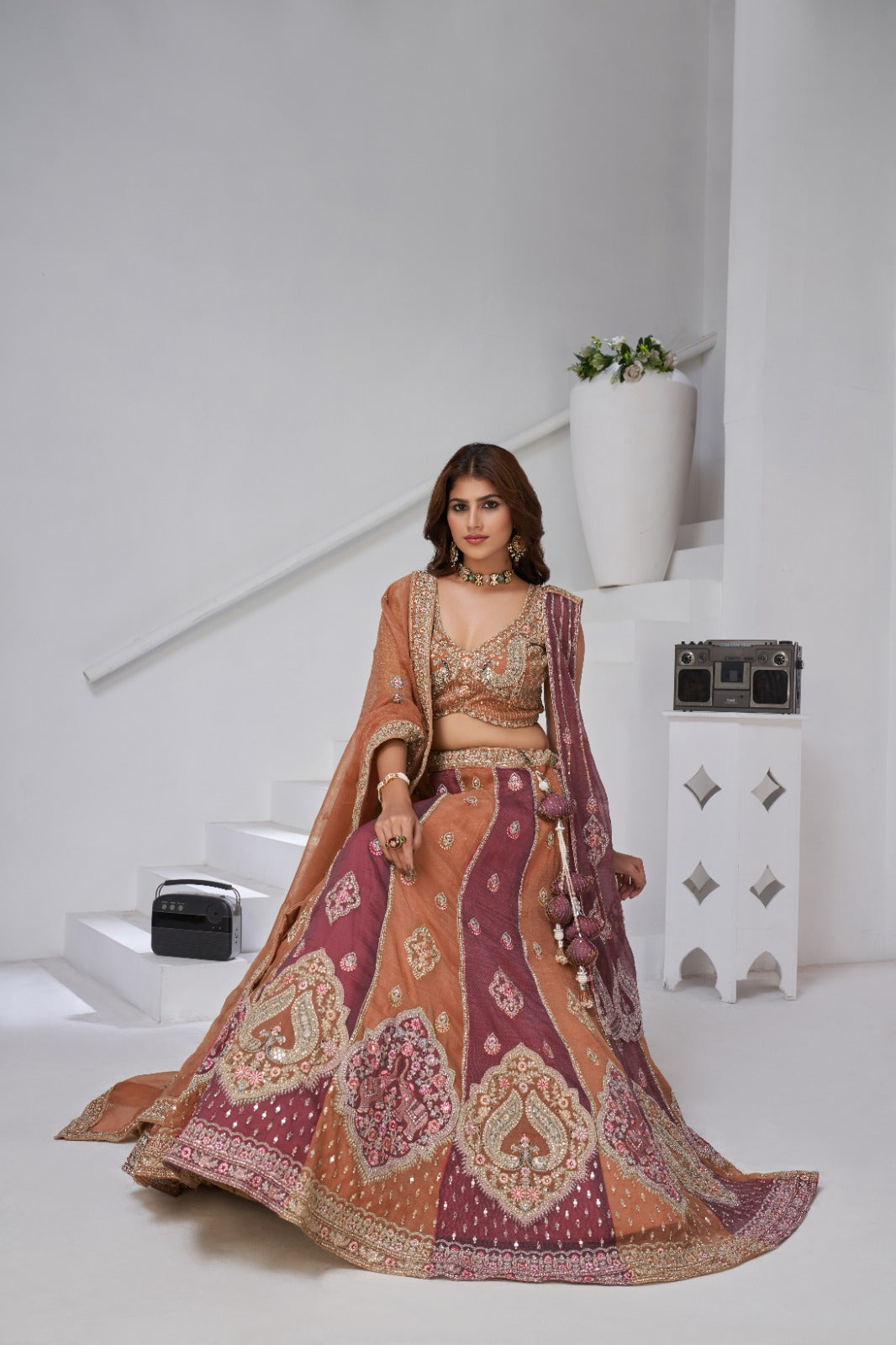 Rust Peach Lehenga in Georgette Tissue with Premium Heavy Embroidery