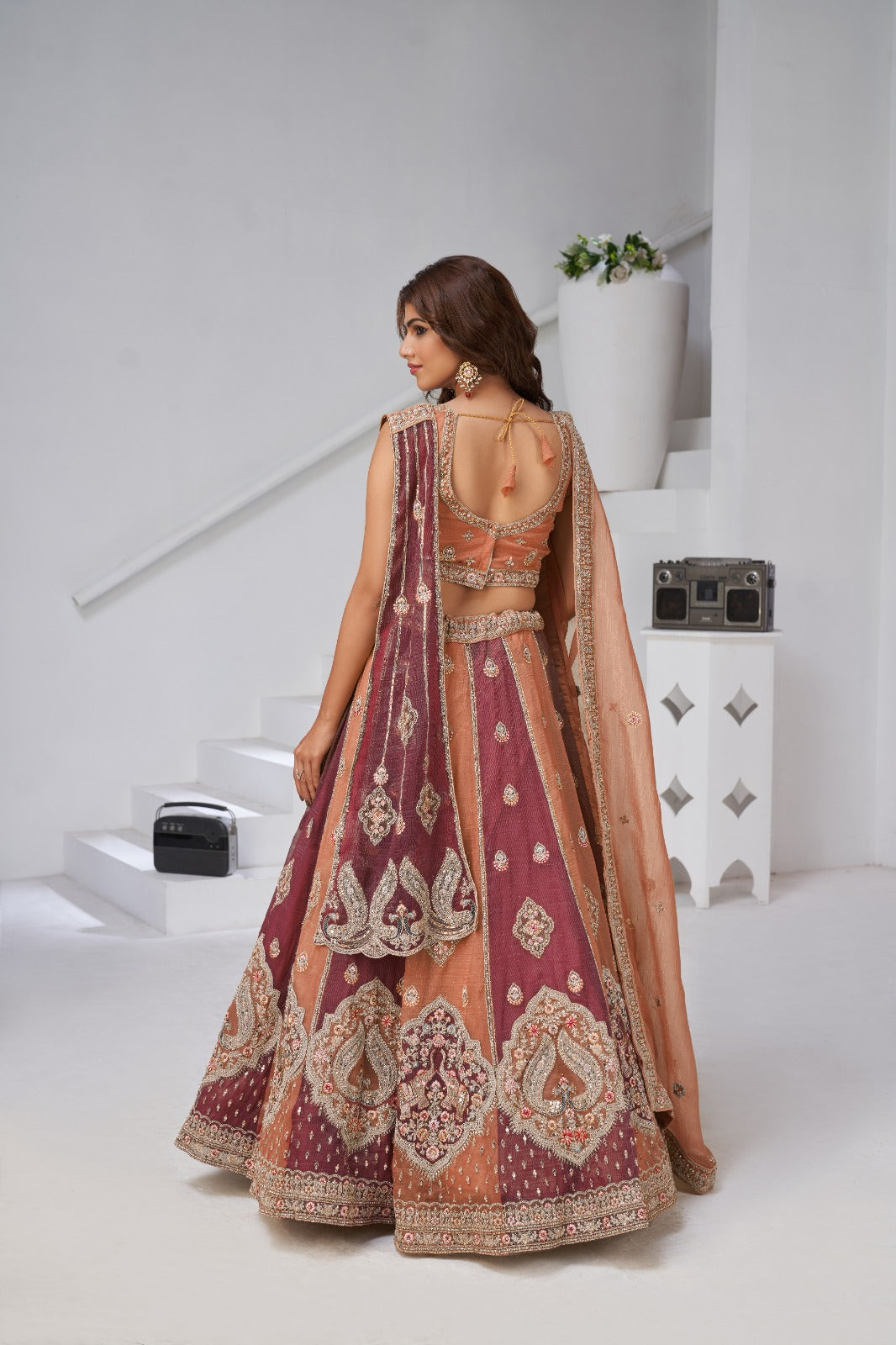 Rust Peach Lehenga in Georgette Tissue with Premium Heavy Embroidery
