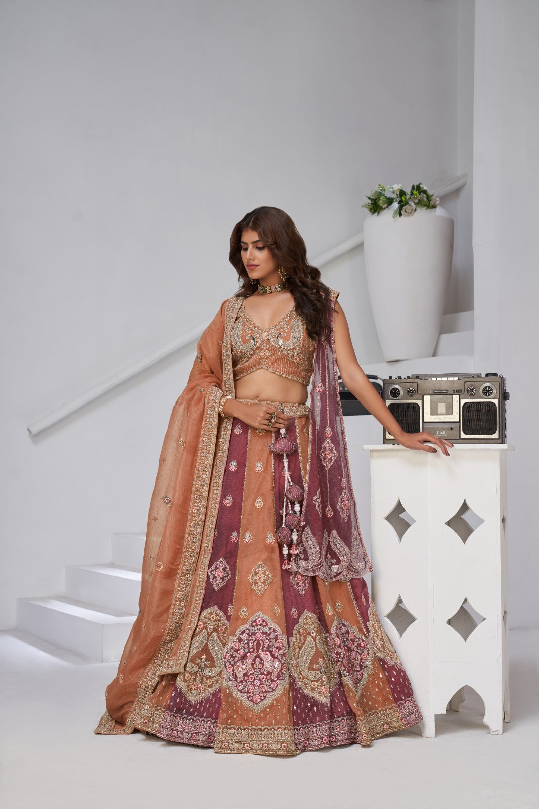 Rust Peach Lehenga in Georgette Tissue with Premium Heavy Embroidery