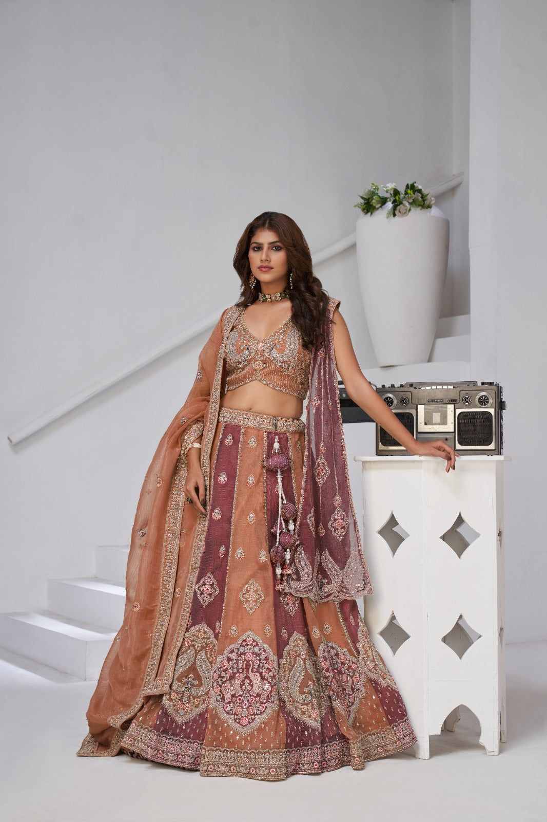 Rust Peach Lehenga in Georgette Tissue with Premium Heavy Embroidery